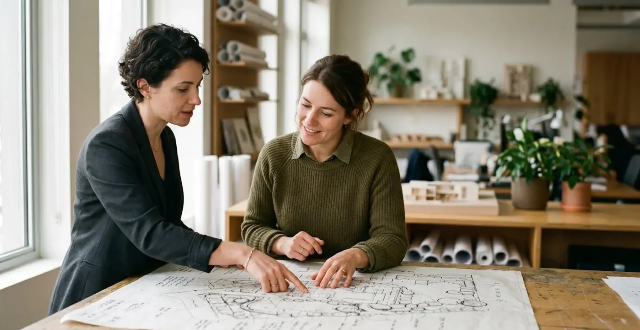 Architecte et paysagiste collaborant sur un projet d'aménagement paysager professionnel