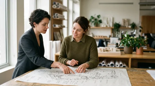 Architecte et paysagiste collaborant sur un projet d'aménagement paysager professionnel