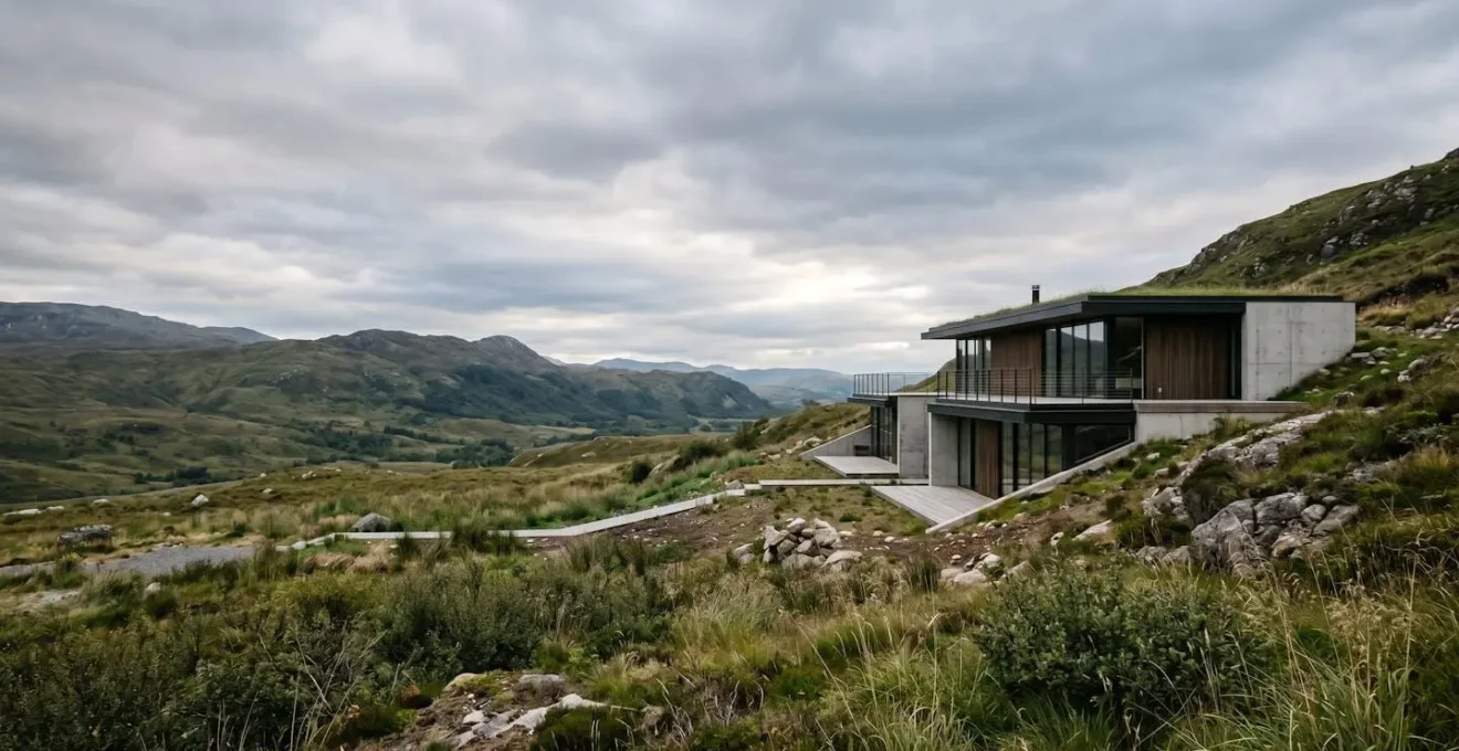 Vue d'ensemble d'une construction sur terrain en pente avec différents niveaux architecturaux
