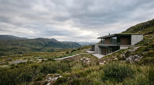 Vue d'ensemble d'une construction sur terrain en pente avec différents niveaux architecturaux