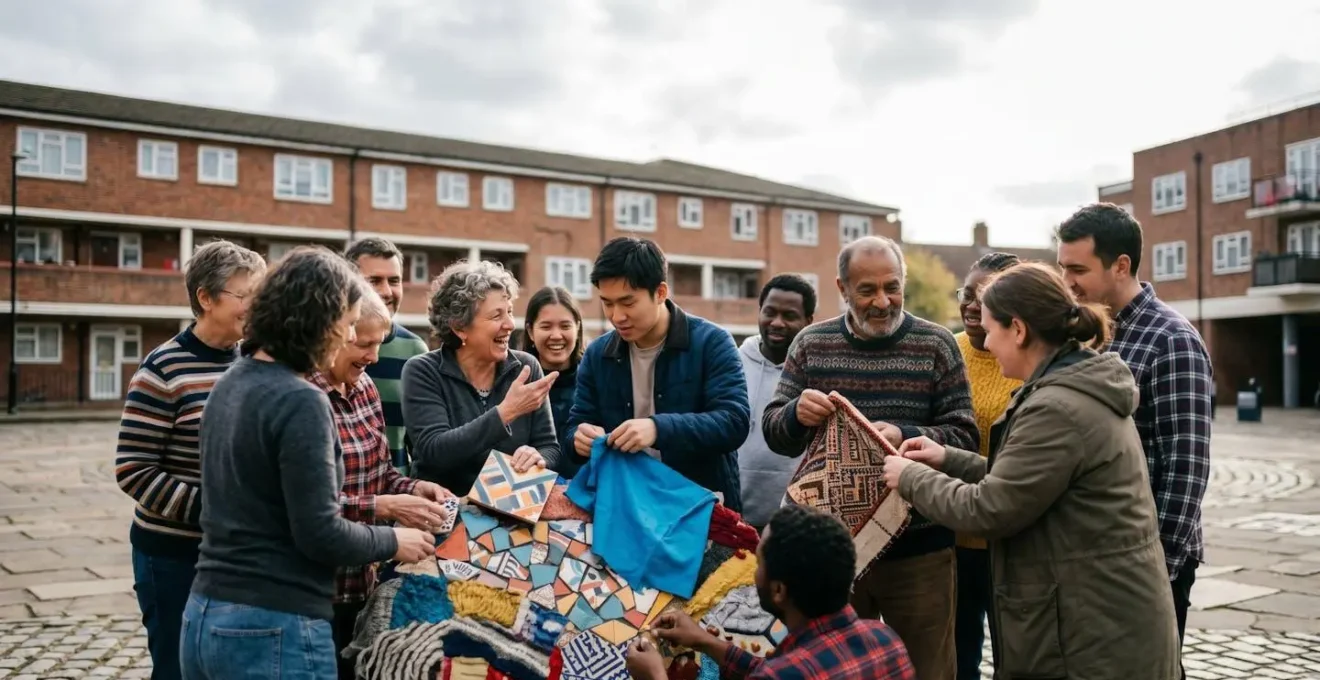 Habitants de différentes générations collaborant autour d'un projet artistique dans un espace public de quartier