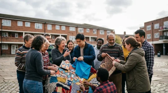 Habitants de différentes générations collaborant autour d'un projet artistique dans un espace public de quartier