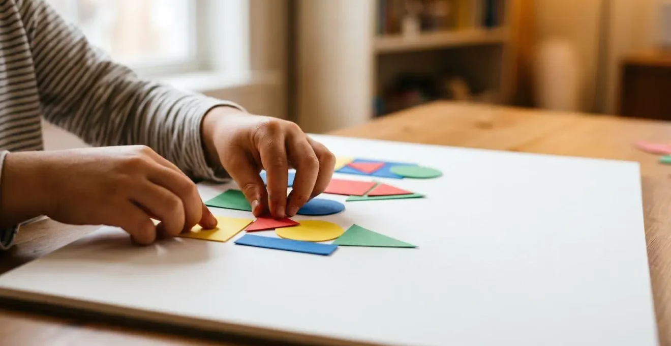 Atelier artistique pour enfants explorant le cubisme avec formes géométriques et collages créatifs