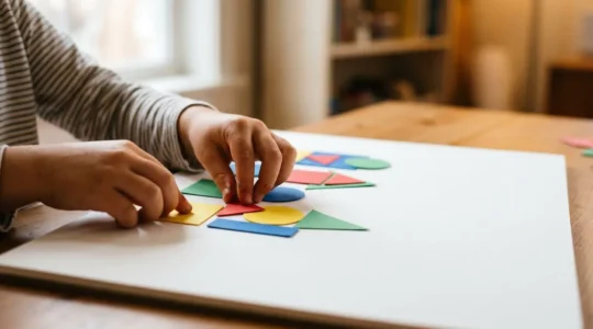Atelier artistique pour enfants explorant le cubisme avec formes géométriques et collages créatifs