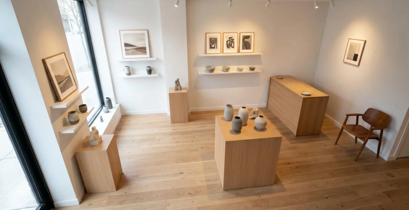 Vue d'ensemble d'une boutique art et culture de 25 mètres carrés avec agencement soigné, éclairage architectural et parcours client fluide