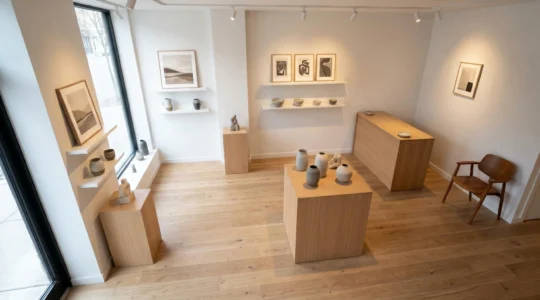Vue d'ensemble d'une boutique art et culture de 25 mètres carrés avec agencement soigné, éclairage architectural et parcours client fluide