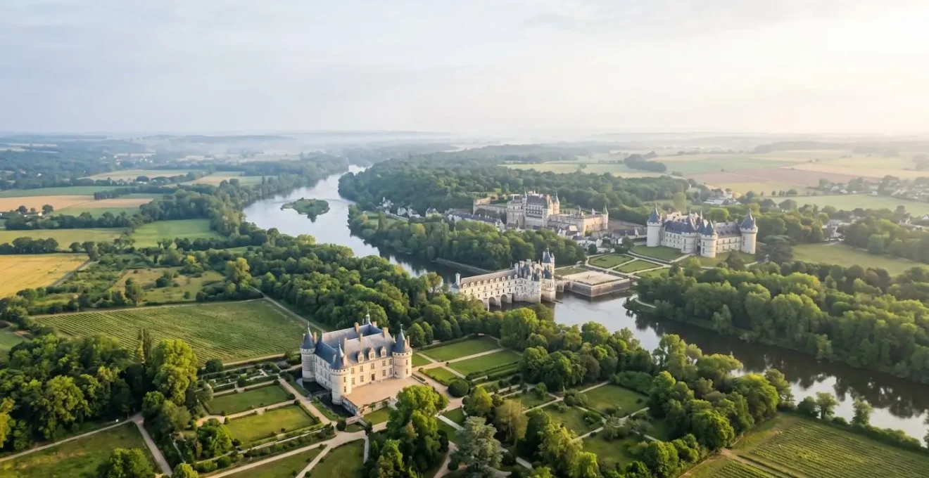 Vue panoramique des châteaux de la Loire dans la vallée verdoyante