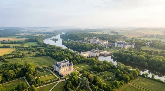 Vue panoramique des châteaux de la Loire dans la vallée verdoyante
