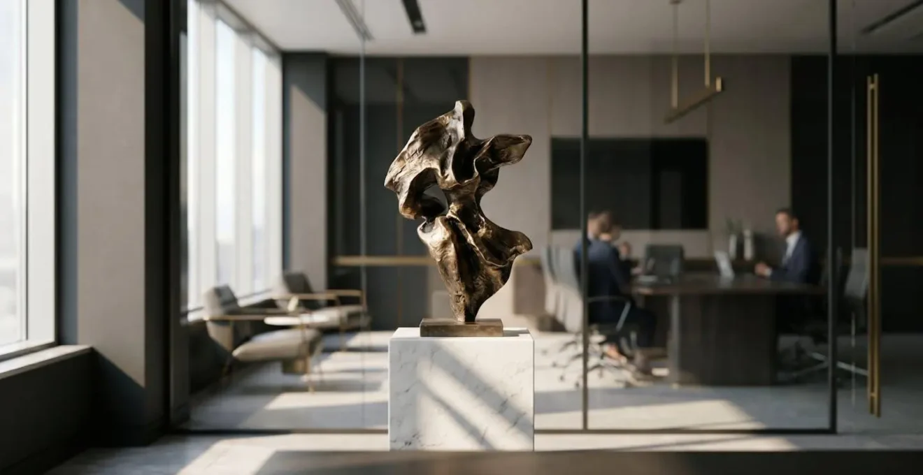Salle de réunion moderne avec sculpture contemporaine valorisant l'image d'entreprise