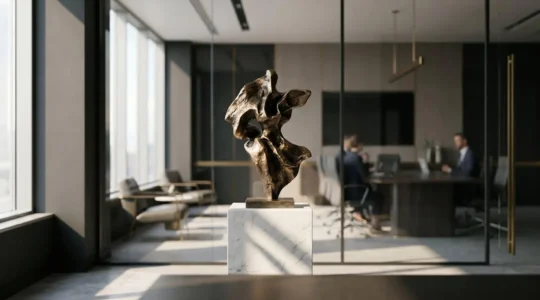 Salle de réunion moderne avec sculpture contemporaine valorisant l'image d'entreprise