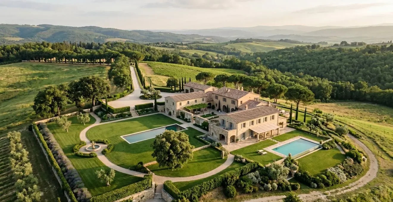 Vue aérienne d'un vaste domaine de luxe révélant l'étendue de la propriété avec jardins et architecture