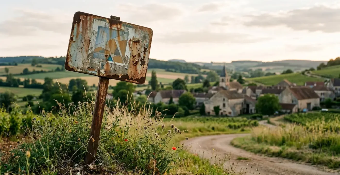 Panneau d'entrée de commune rurale française abandonné et détérioré illustrant l'échec du marketing territorial