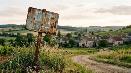 Panneau d'entrée de commune rurale française abandonné et détérioré illustrant l'échec du marketing territorial