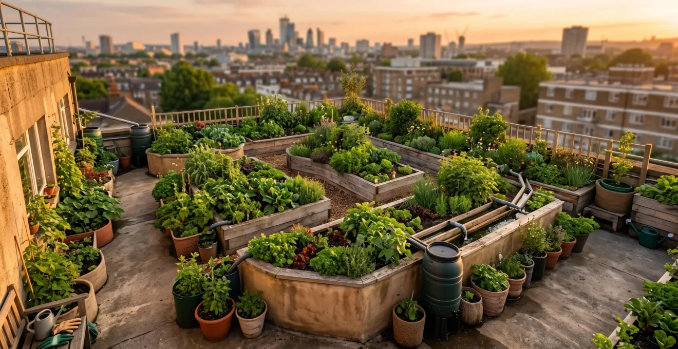 Jardin permacole diversifié sur un toit-terrasse en milieu urbain avec bacs de culture, systèmes de rétention d'eau et végétation luxuriante