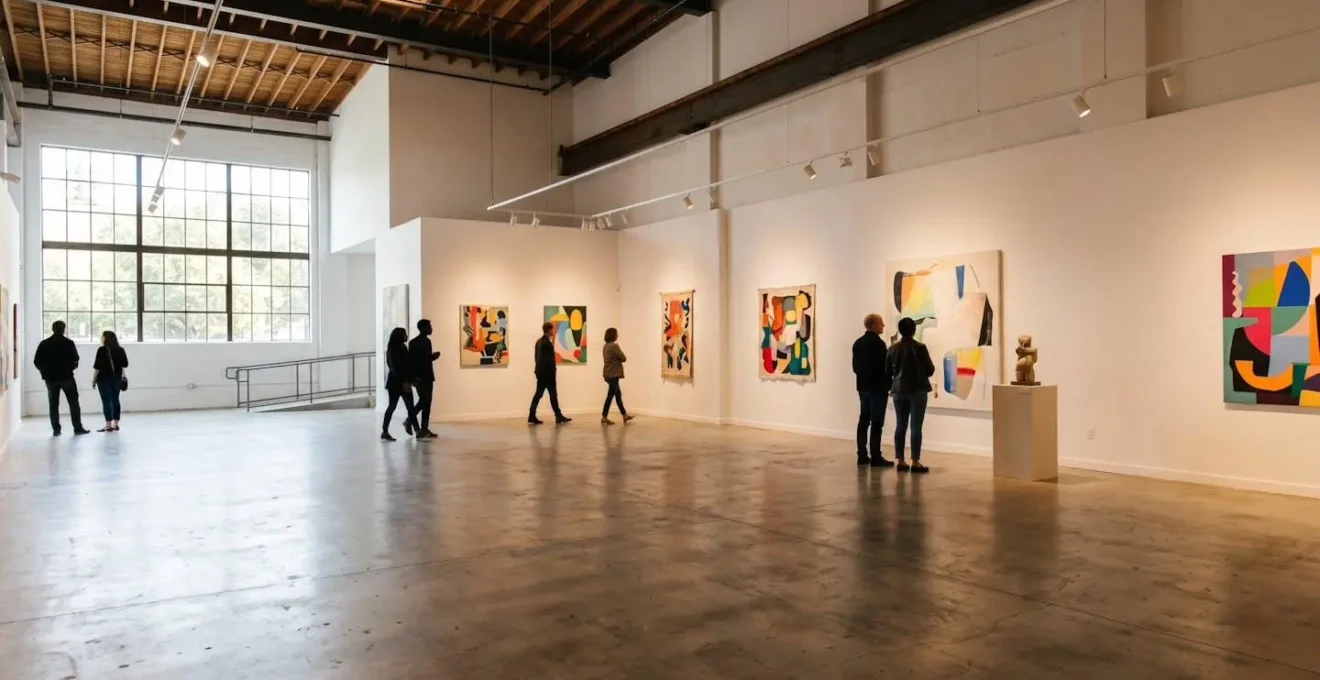 Espace d'exposition communal transformé avec œuvres d'art contemporain dans un environnement accessible