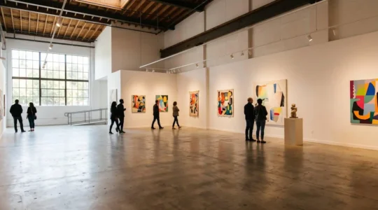 Espace d'exposition communal transformé avec œuvres d'art contemporain dans un environnement accessible