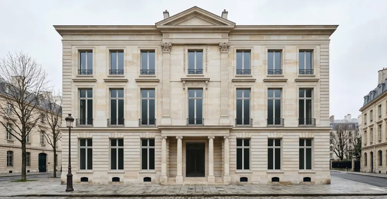 Façade de maison néoclassique française avec colonnes en pierre et proportions architecturales classiques