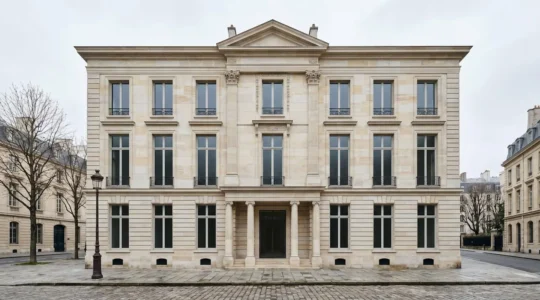 Façade de maison néoclassique française avec colonnes en pierre et proportions architecturales classiques