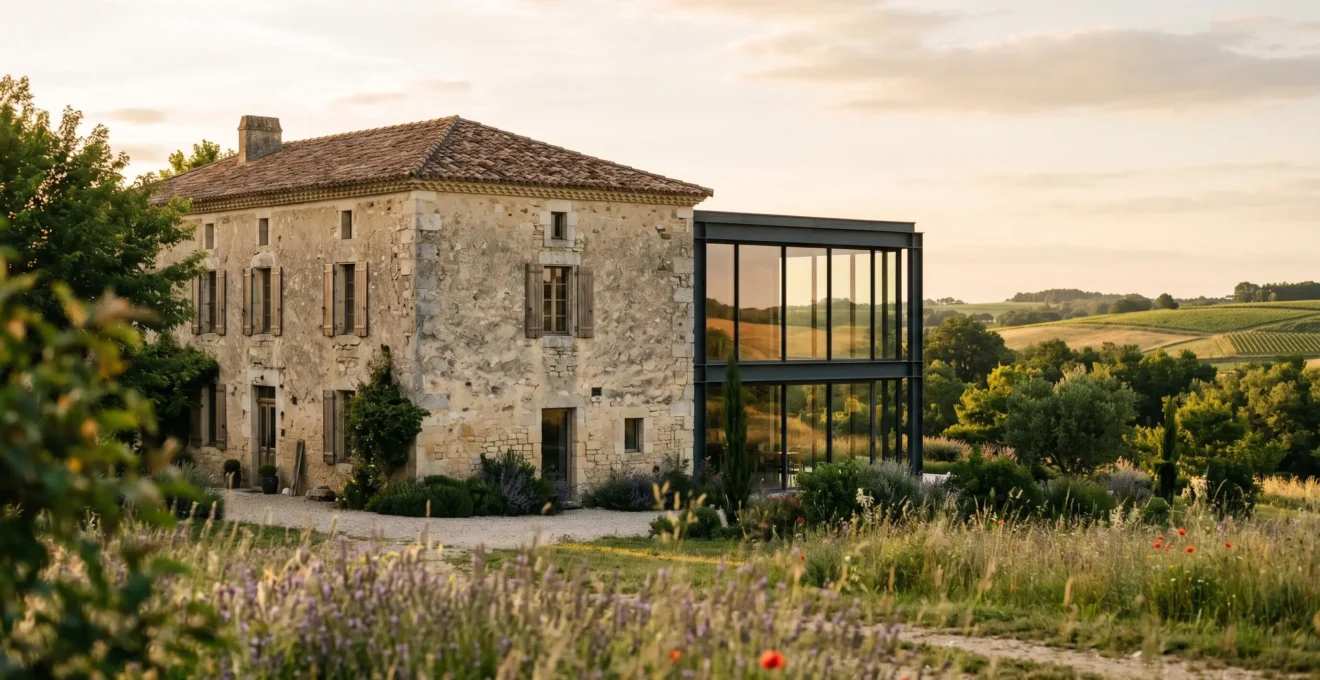 Corps de ferme du 18ème siècle avec extension contemporaine harmonieuse préservant l'esprit du lieu