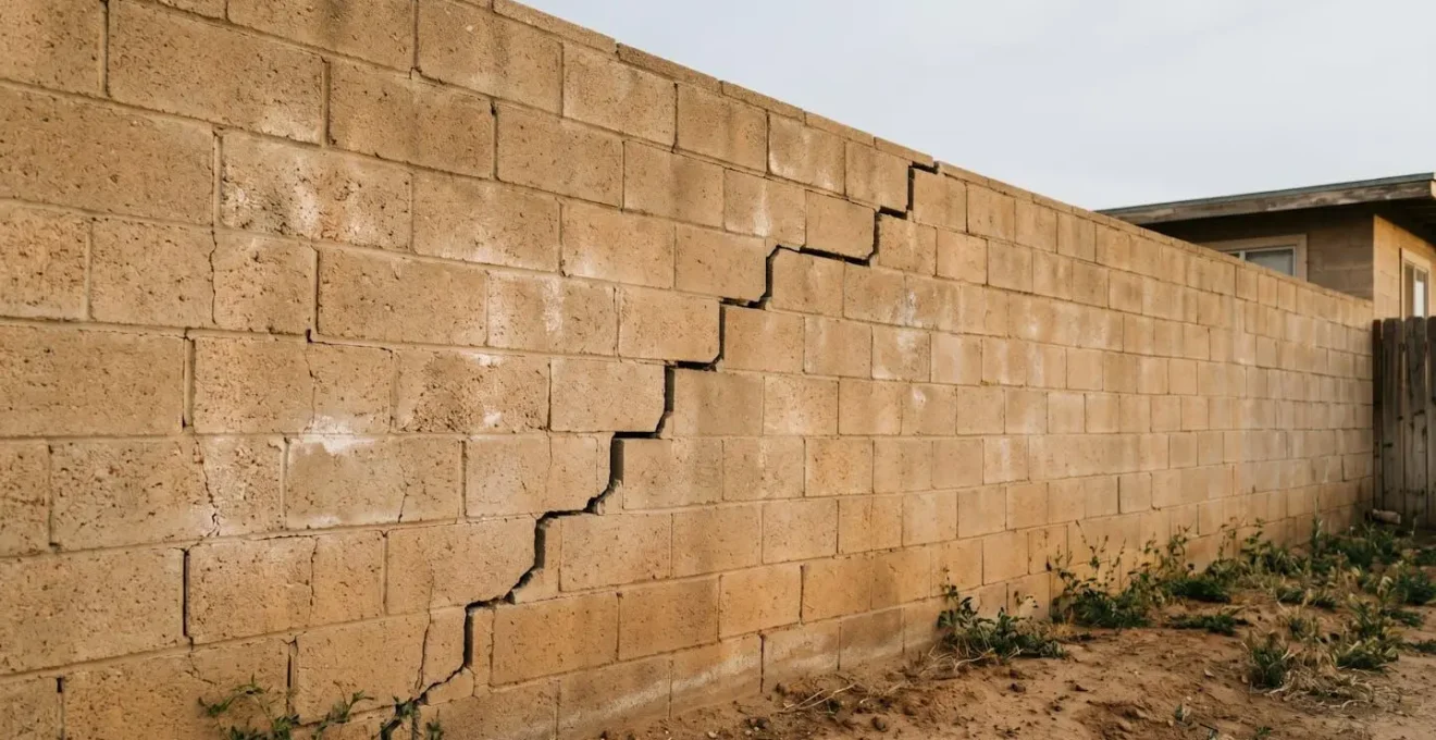 Fissure structurelle en escalier sur un mur de maison en zone argileuse