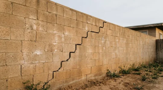 Fissure structurelle en escalier sur un mur de maison en zone argileuse