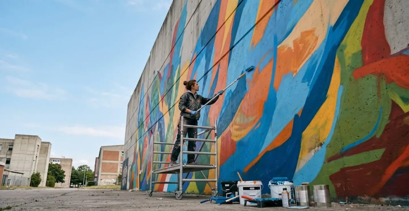 Artiste peignant une fresque murale colorée sur une grande façade extérieure avec matériel professionnel
