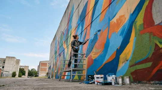 Artiste peignant une fresque murale colorée sur une grande façade extérieure avec matériel professionnel