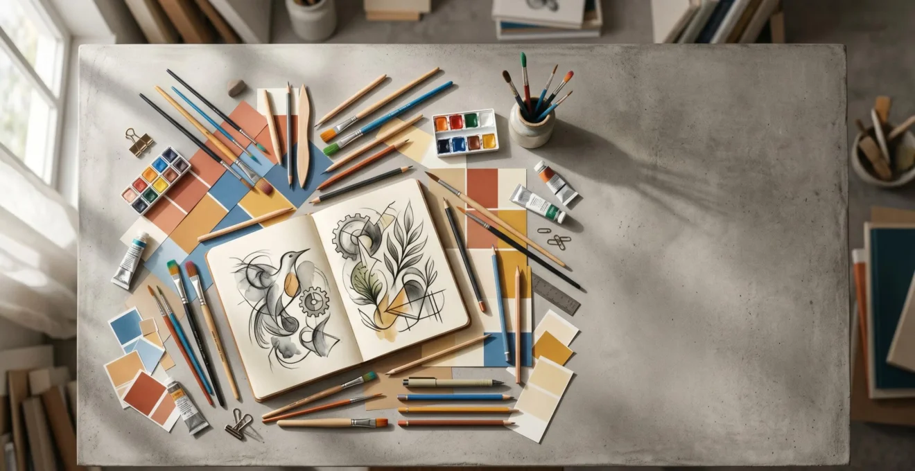 Composition visuelle fusionnant art surréaliste et création publicitaire contemporaine