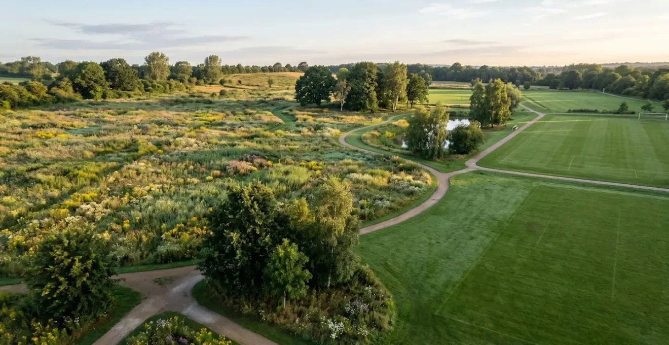 Vue aerienne d'un parc urbain montrant differentes zones d'entretien avec prairies fleuries et espaces entretenus