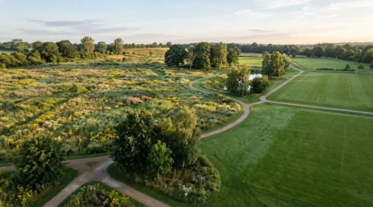Vue aerienne d'un parc urbain montrant differentes zones d'entretien avec prairies fleuries et espaces entretenus