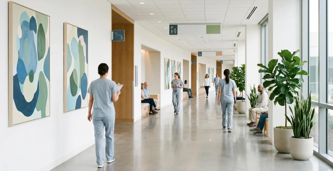 Environnement hospitalier contemporain intégrant harmonieusement les arts visuels pour le bien-être des patients et du personnel soignant
