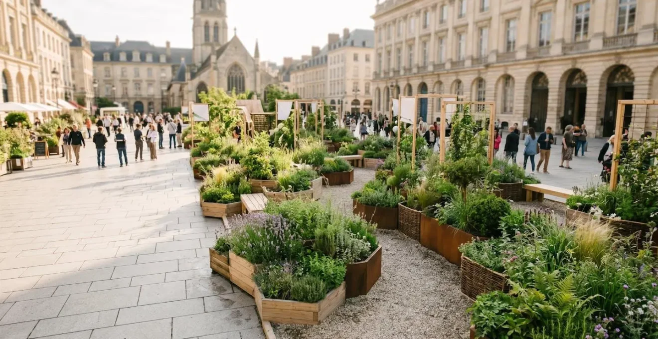 Installation végétale temporaire sur une place minérale urbaine avec bacs de plantation et végétaux pour un festival d'été