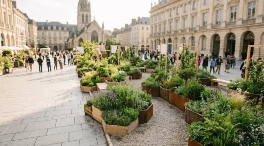 Installation végétale temporaire sur une place minérale urbaine avec bacs de plantation et végétaux pour un festival d'été