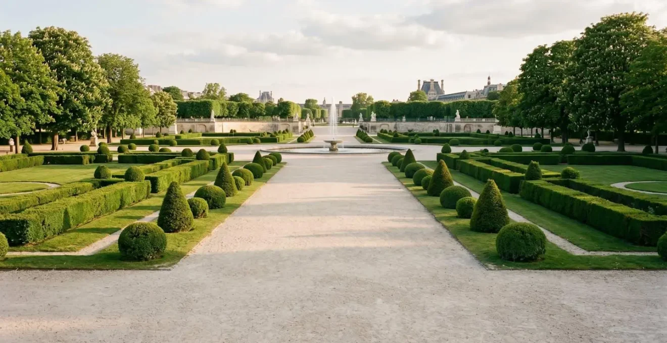 Allées convergentes d'un jardin à la française avec topiaires de buis géométriques et perspective symétrique