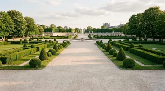 Allées convergentes d'un jardin à la française avec topiaires de buis géométriques et perspective symétrique