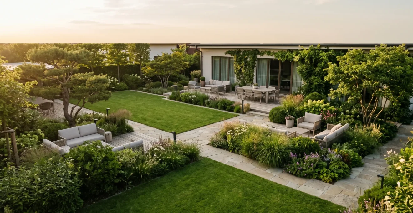 Vue aérienne d'un grand jardin paysager élégant de 500m² avec espaces délimités et végétation mature valorisant une propriété résidentielle