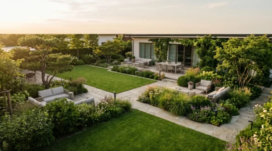 Vue aérienne d'un grand jardin paysager élégant de 500m² avec espaces délimités et végétation mature valorisant une propriété résidentielle