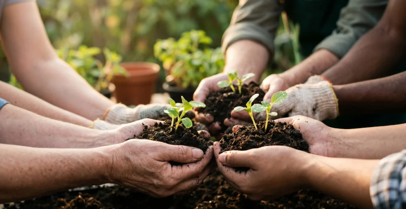 Mains de personnes diverses tenant ensemble de la terre fertile avec jeunes pousses lors d'une activité de jardinage partagé