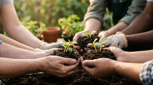 Mains de personnes diverses tenant ensemble de la terre fertile avec jeunes pousses lors d'une activité de jardinage partagé