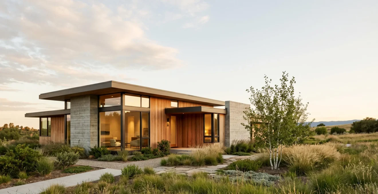 Façade épurée d'une maison contemporaine à toit plat avec grandes baies vitrées et matériaux naturels