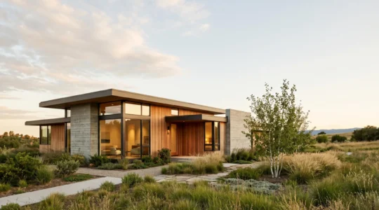 Façade épurée d'une maison contemporaine à toit plat avec grandes baies vitrées et matériaux naturels