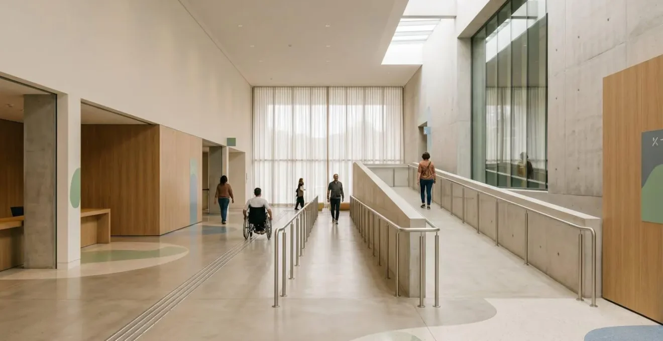 Amenagement architectural accessible pour personnes a mobilite reduite dans un lieu culturel moderne