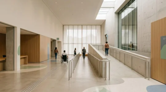 Amenagement architectural accessible pour personnes a mobilite reduite dans un lieu culturel moderne