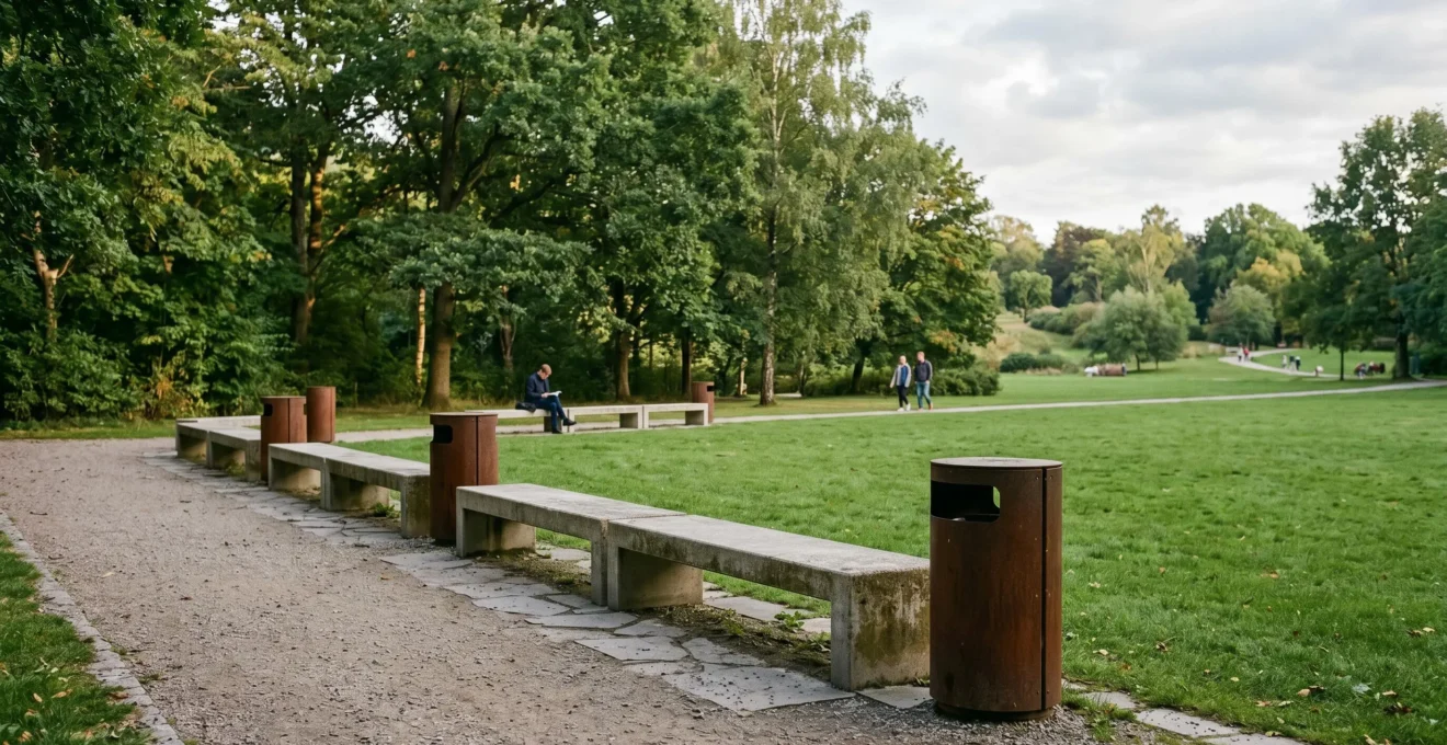 Banc urbain moderne en béton et acier dans un parc public, conçu pour résister au vandalisme