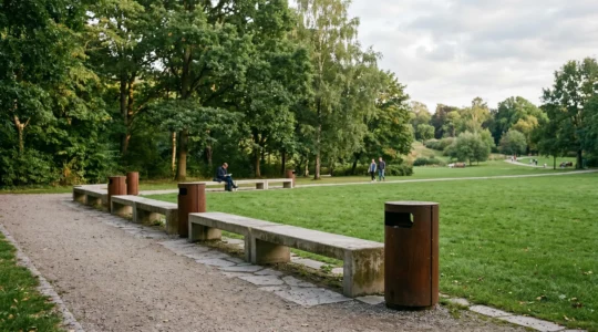 Banc urbain moderne en béton et acier dans un parc public, conçu pour résister au vandalisme
