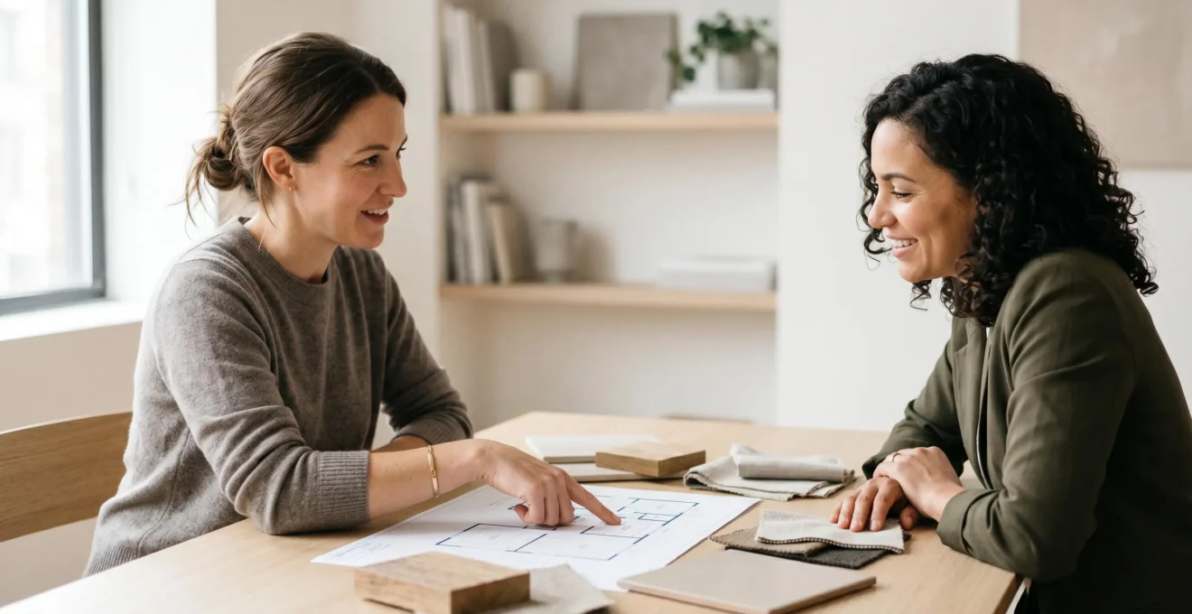 Discussion professionnelle entre client et architecte d'intérieur autour d'un projet de rénovation