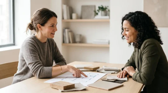 Discussion professionnelle entre client et architecte d'intérieur autour d'un projet de rénovation