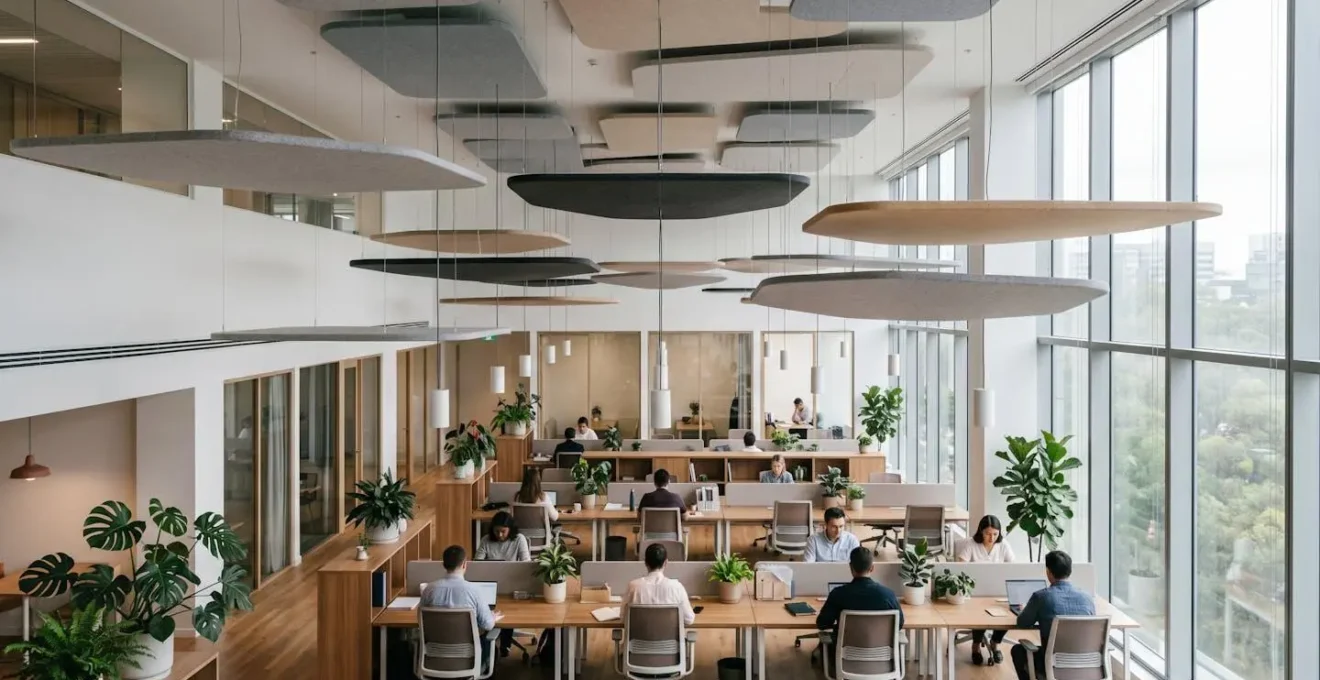 Open-space moderne avec panneaux acoustiques suspendus et design épuré pour réduire la réverbération