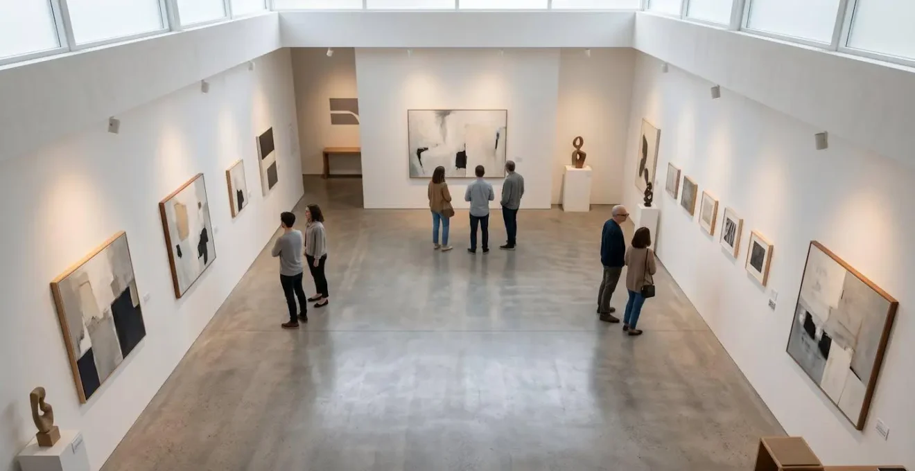 Vue aérienne d'une petite exposition contemporaine avec circulation fluide des visiteurs