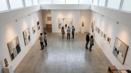 Vue aérienne d'une petite exposition contemporaine avec circulation fluide des visiteurs